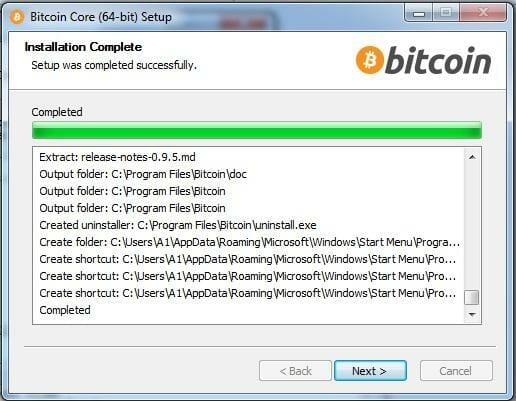 Bitcoin Core kurulumu tamamlandı
