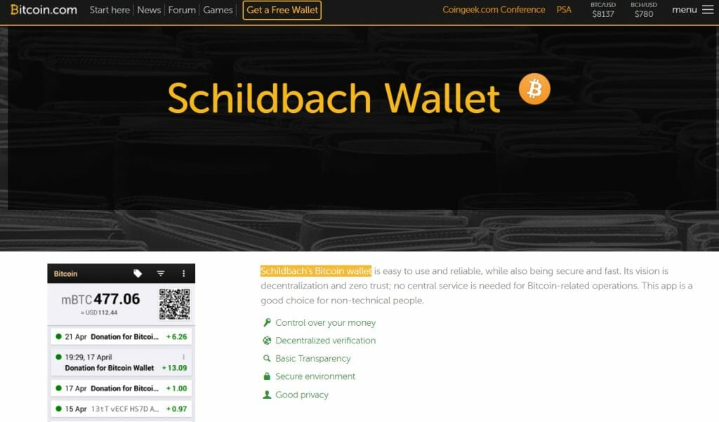 Schildbach bitcoin lommebok-app