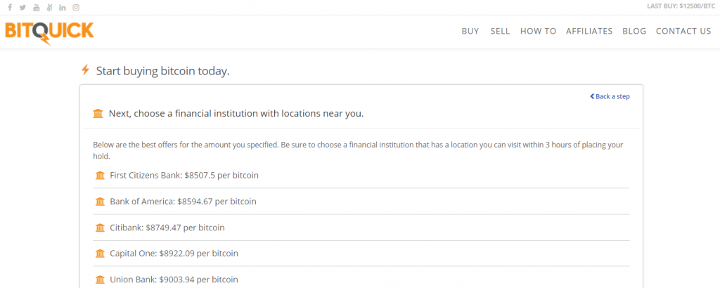 Elija una institución financiera en BitQuick