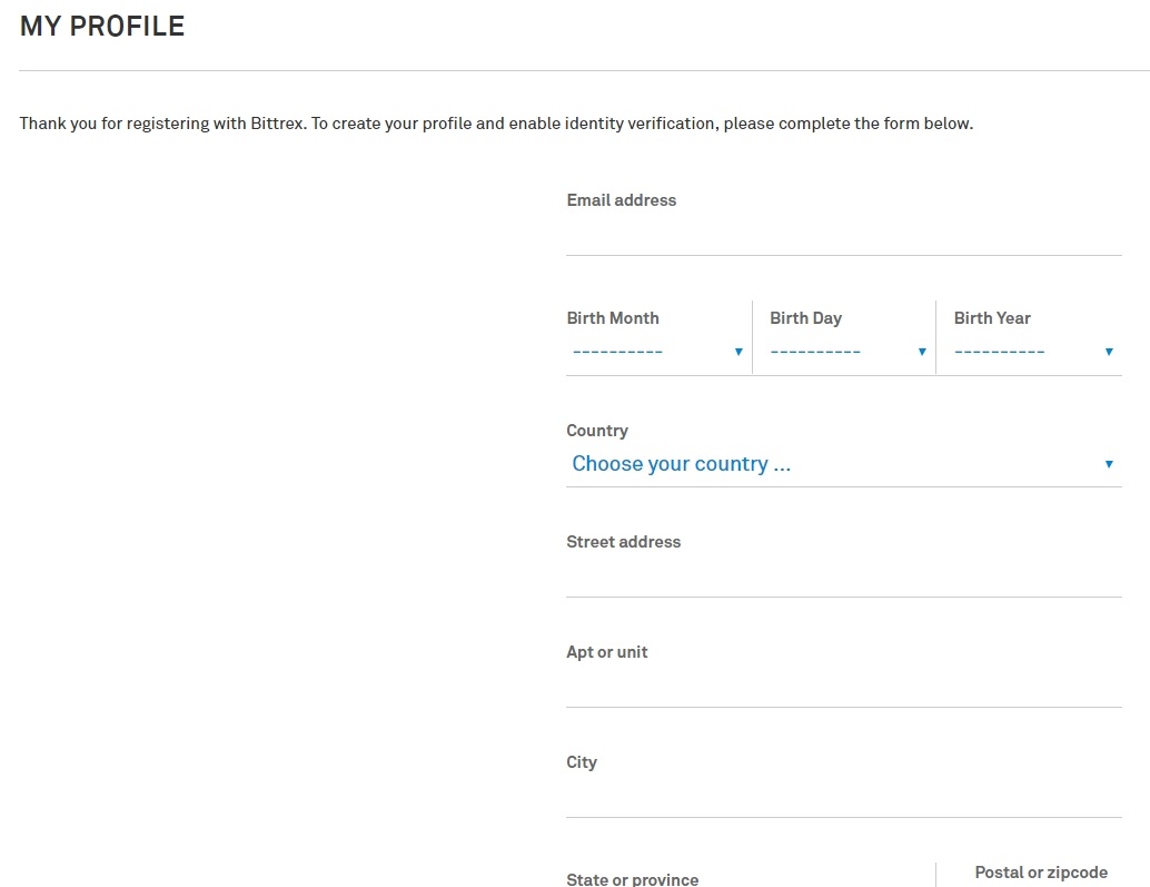 Formulár osobných údajov na Bittrexe