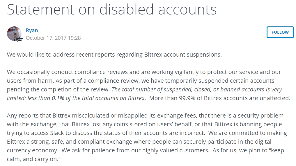 Bittrex deaktivoval účty