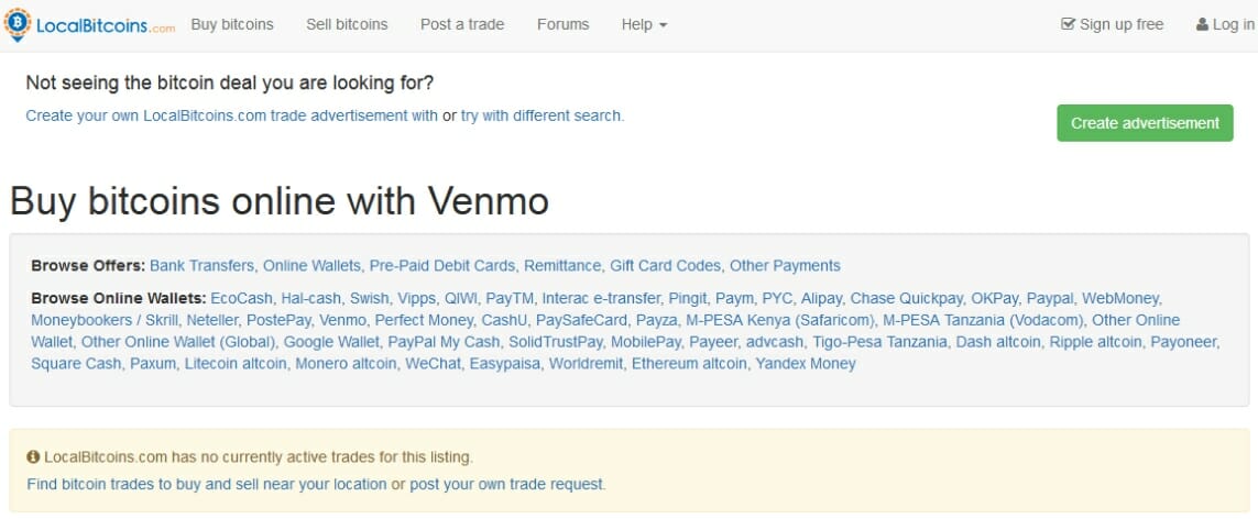 Compre BTC con Venmo en LocalBitcoins