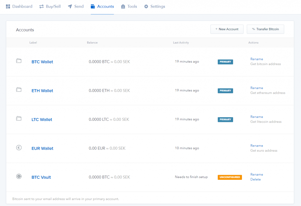 Coinbase的电子钱包帐户页面