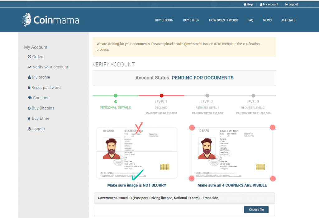 Coinmama'da Doğrulama