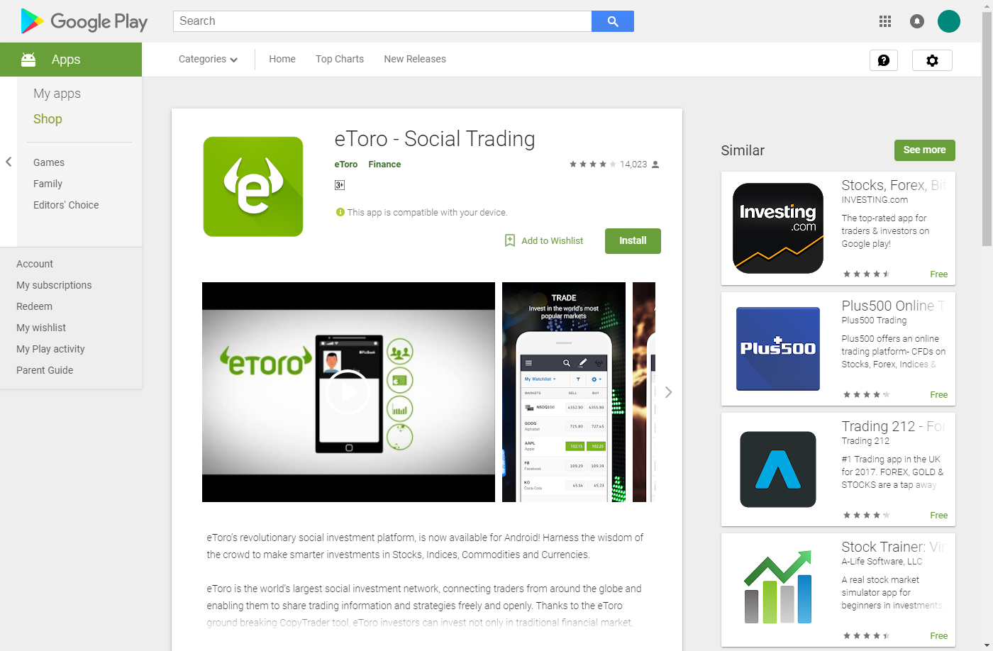 Aplicación eToro Google