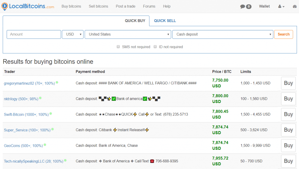 Lijst met handelaren bij LocalBitcoins