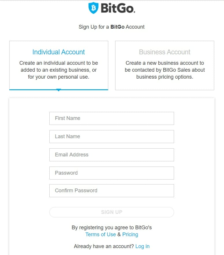 BitGo-aanmeldingspagina