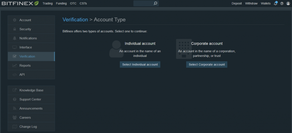 Elija el tipo de cuenta en Bitfinex