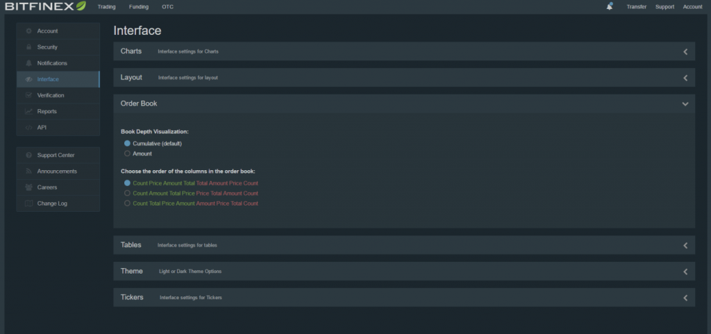 Grensesnittinnstillinger på Bitfinex