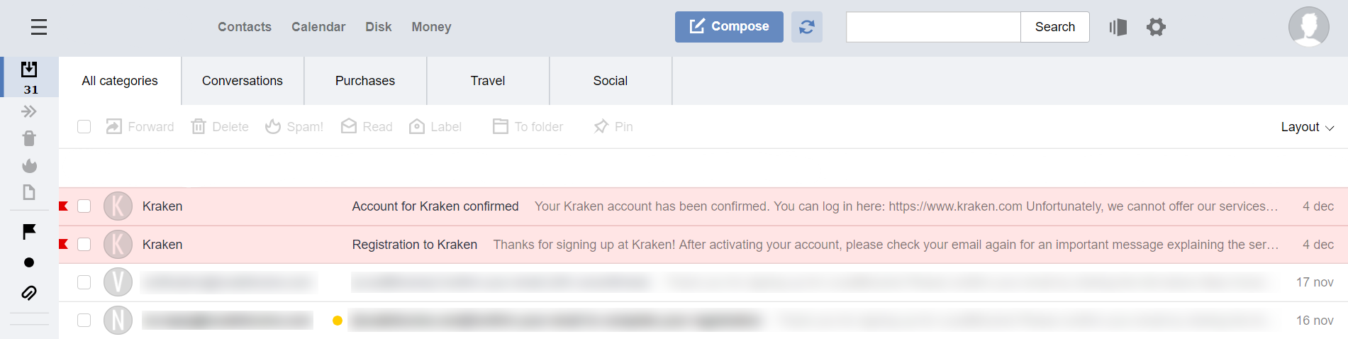 Confirmación por correo electrónico del intercambio Kraken BTC