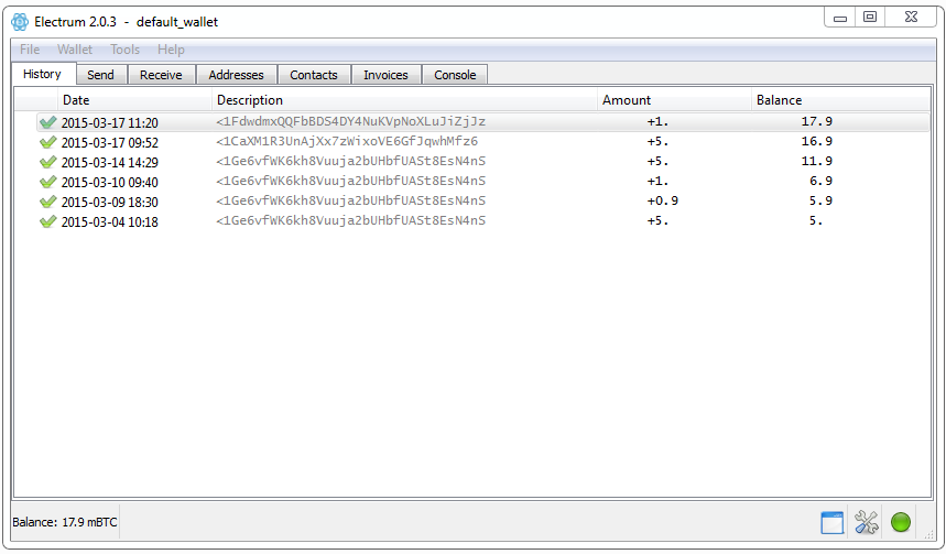 História transakcií v peňaženke Electrum