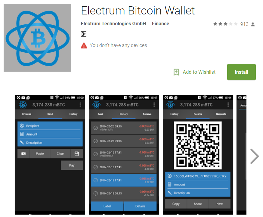 Peňaženka Electrum BTC v Google Play