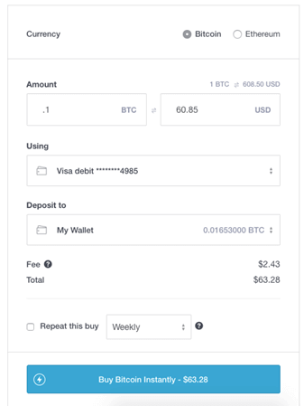 Página de compra en Coinbase