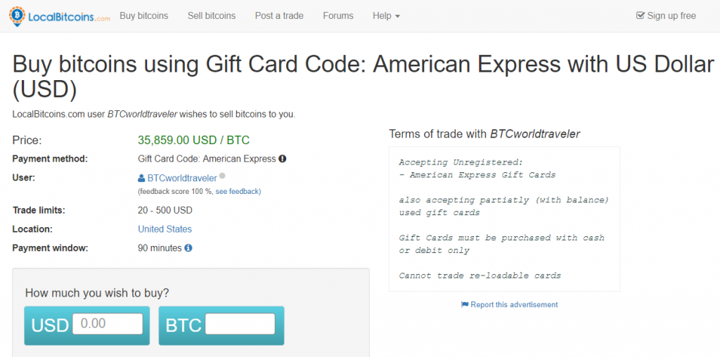 Gaukite „BTC“ su „AmEx“ dovanų kortele „LocalBitcoins“