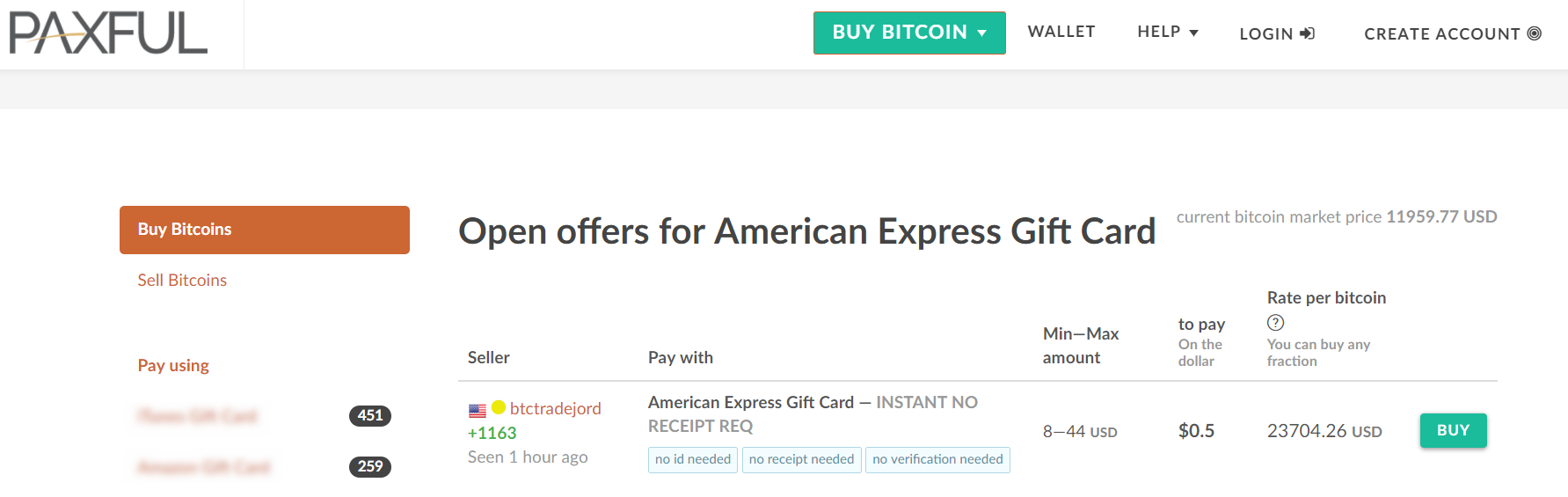 Pirkite „BTC“ su „American Express“ dovanų kortele „Paxful“