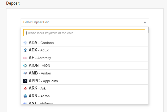 Lista rozwijana depozytu Binance