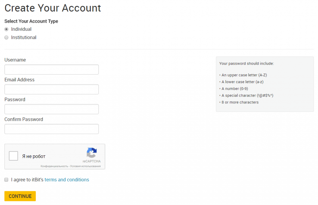 Crie uma conta em itBit