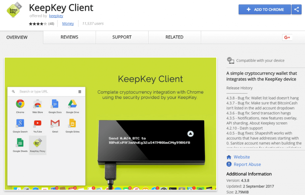 „KeepKey“ kliento programa iš „Chrome“ internetinės parduotuvės