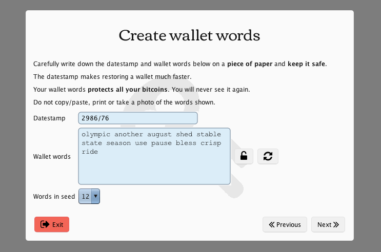 Creați cuvinte portofel MultiBit