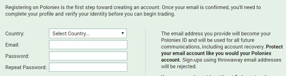 Establecer contraseña para crear una cuenta en Poloniex