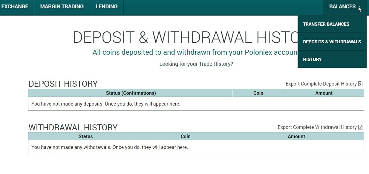 Historial de depósitos en Poloniex