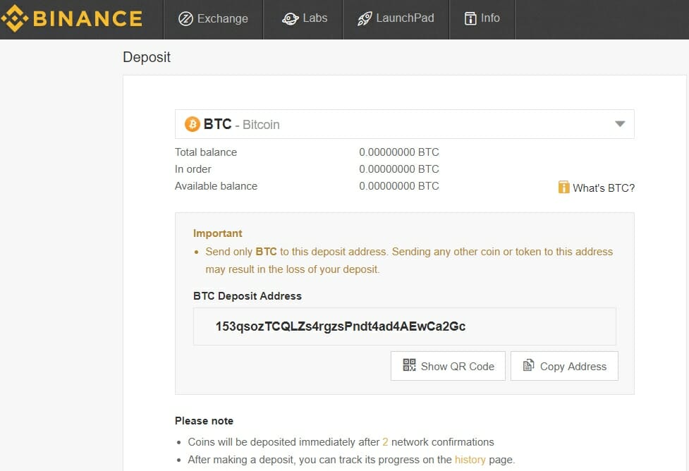 Binance depositum seksjon