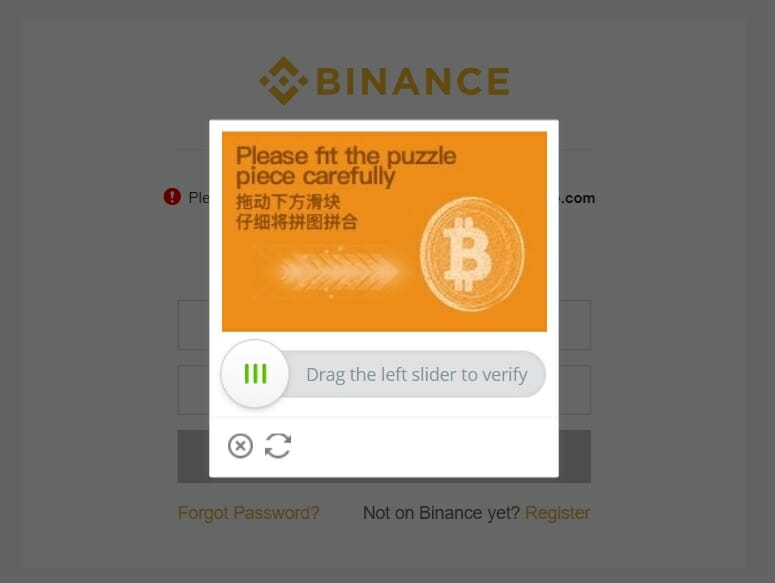 Binance bulmaca captcha