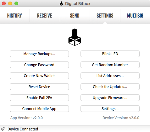 Inställningsavsnitt på Digital Bitbox