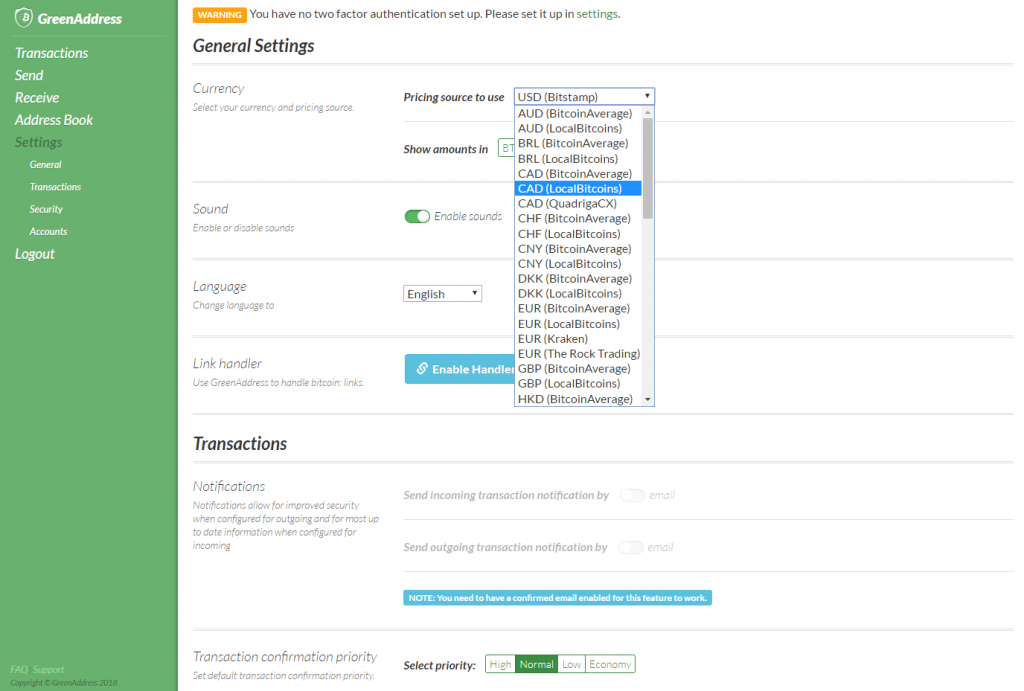 GreenAddress bitcoin moedas