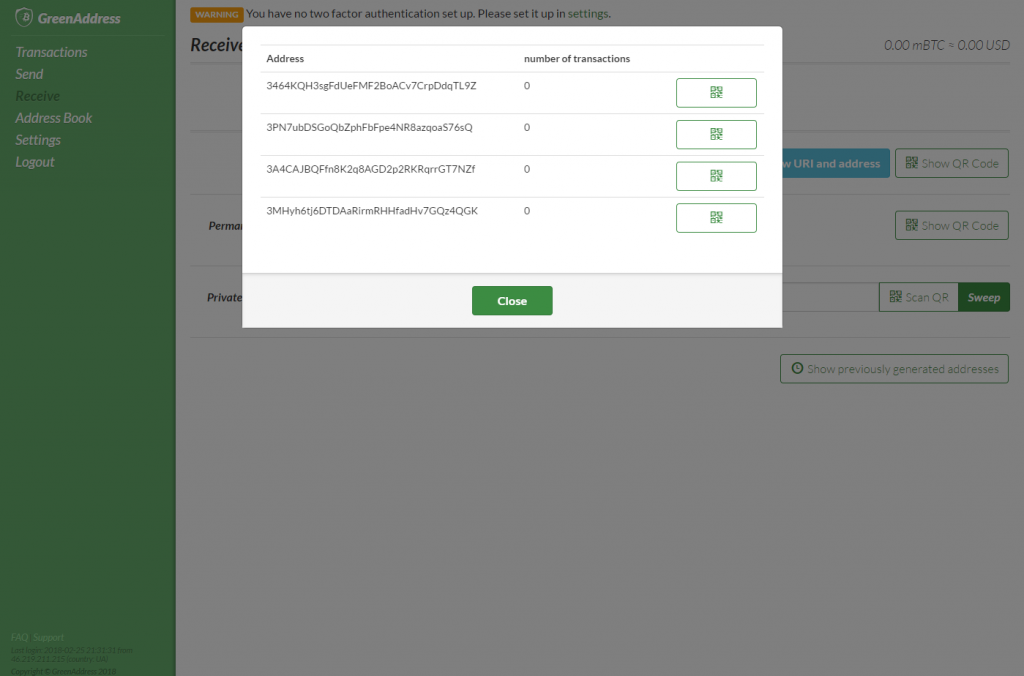 GreenAddress-lijst met eerder gegenereerde adressen