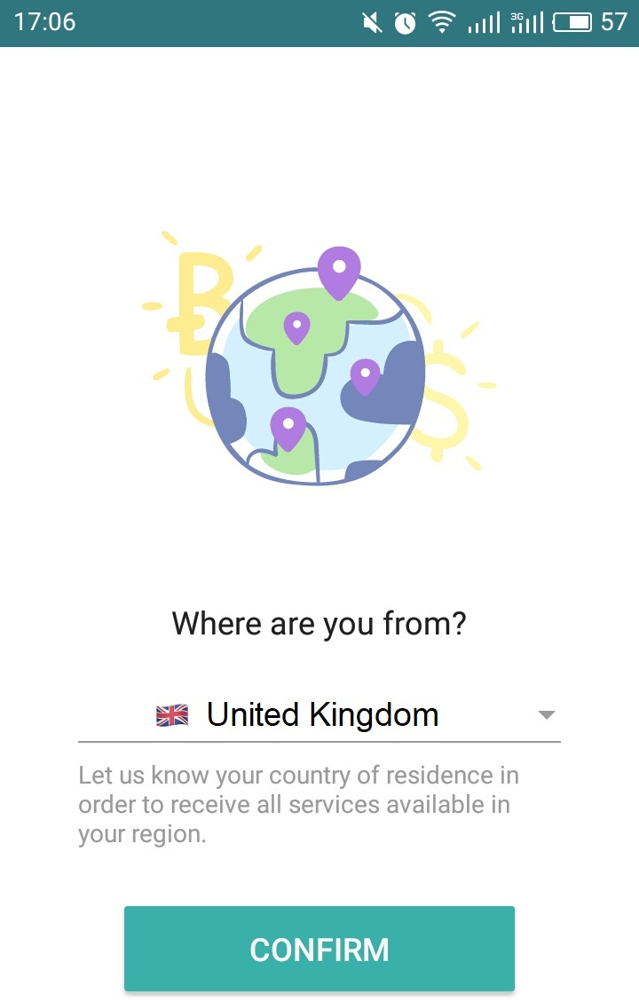 Wirex uygulamasında ülkeyi seçin