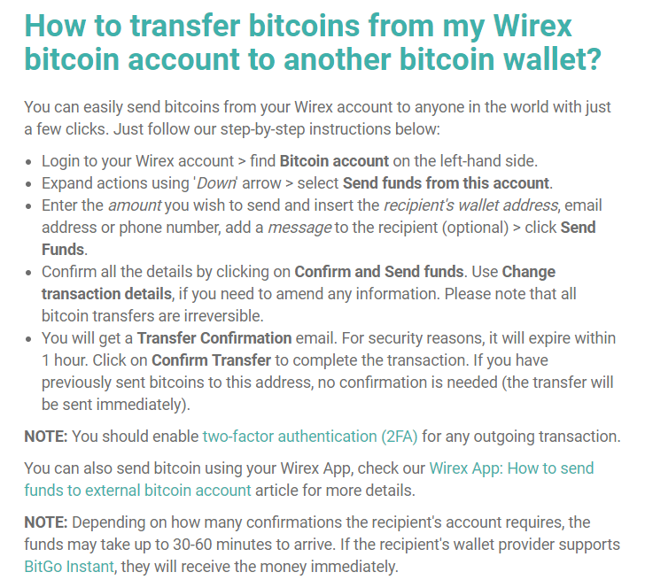 BTC'yi Wirex'ten aktarın