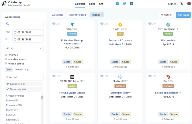 calendário criptomoeda Coindar