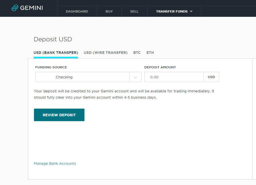 Gemini Deposit USD (bankoverføring)