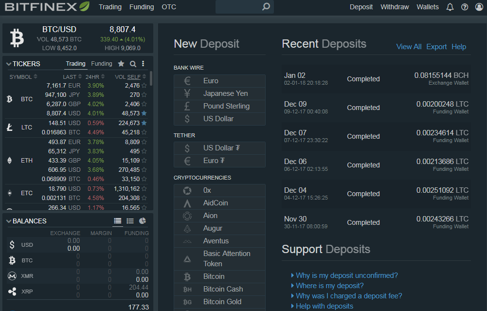 „Bitfinex“ indėlių puslapis (banko pavedimas - EUR, USD, Jena, GBP)